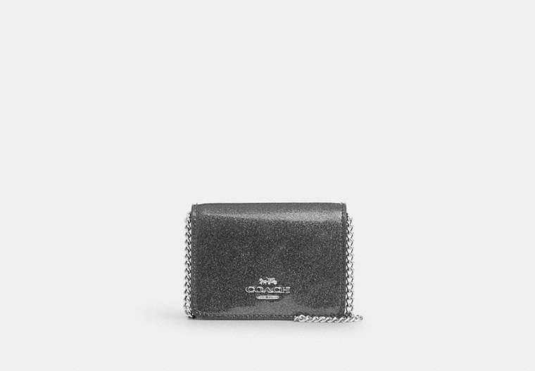 COACH®,MINI WALLET ON A CHAIN,Leather,Mini,Silver/Gunmetal,Front View