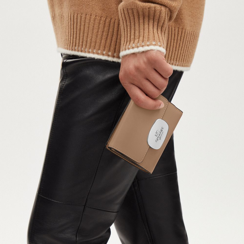 COACH®,Eliza Small Wallet,Leather,Bi Fold,Logo,Silver Metal,Casual,Beige,Detail View
