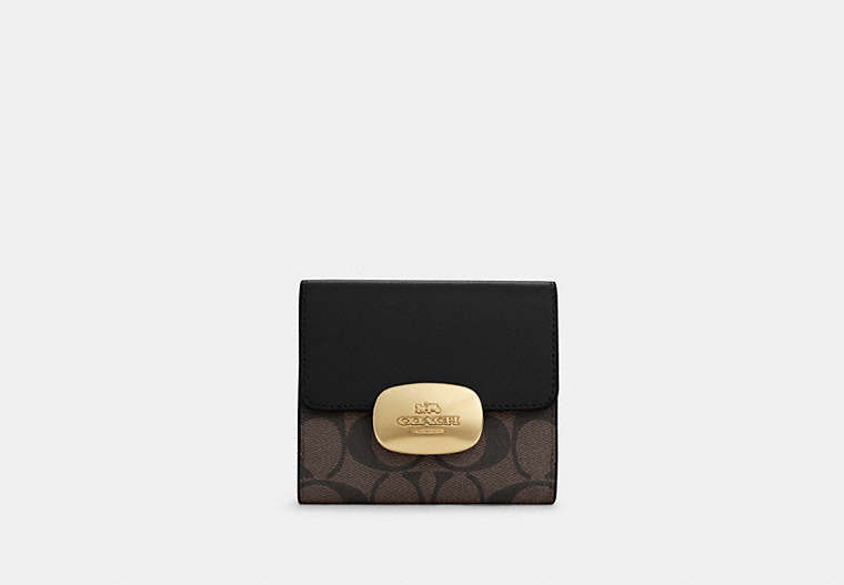 COACH®,ELIZA SMALL WALLET IN SIGNATURE CANVAS,pvc,Gold/Brown Black,Front View