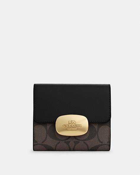 COACH®,ELIZA SMALL WALLET IN SIGNATURE CANVAS,pvc,Gold/Brown Black,Front View