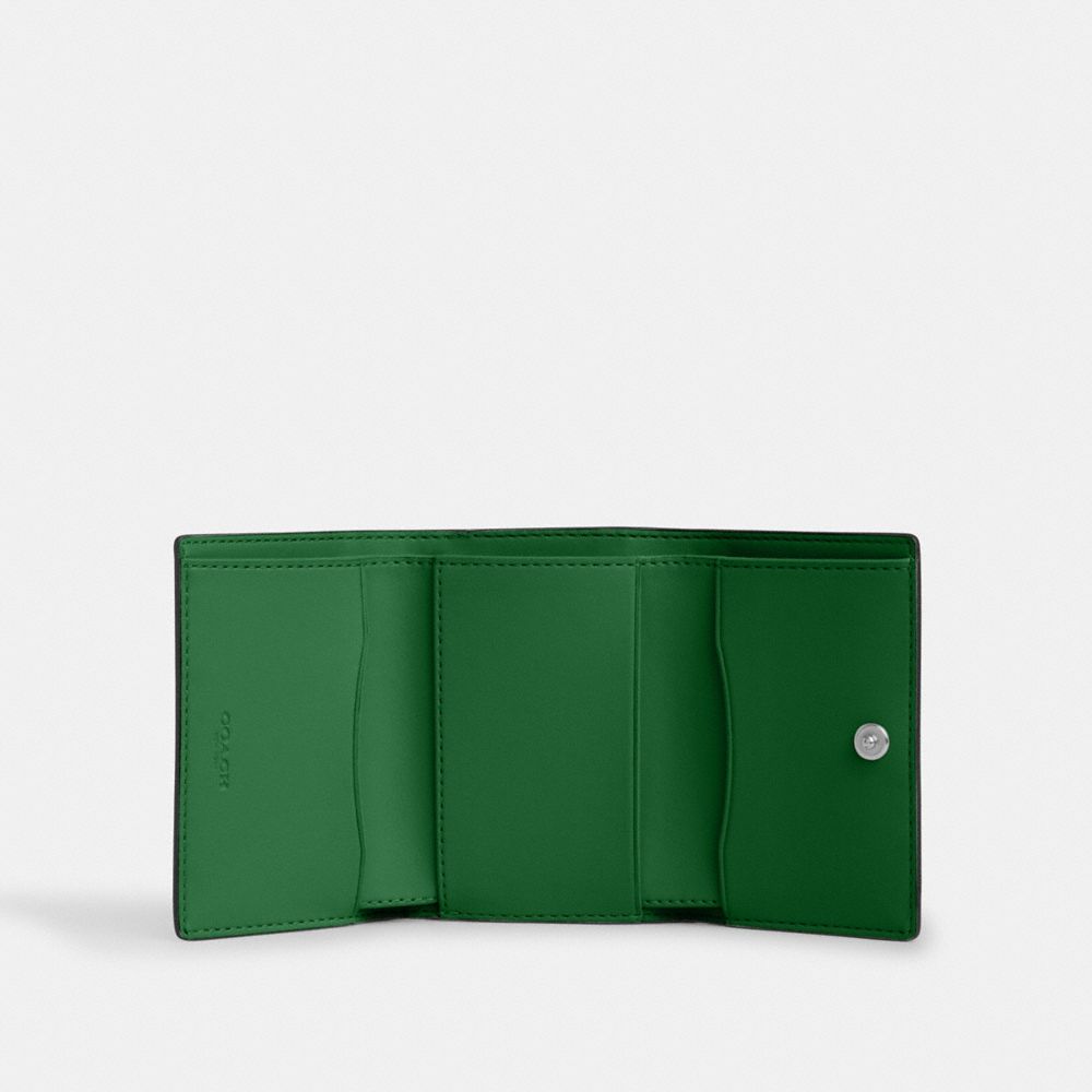 COACH®,Micro Wallet,Leather,Tri Fold,Logo,Casual,Green,Inside View,Top View
