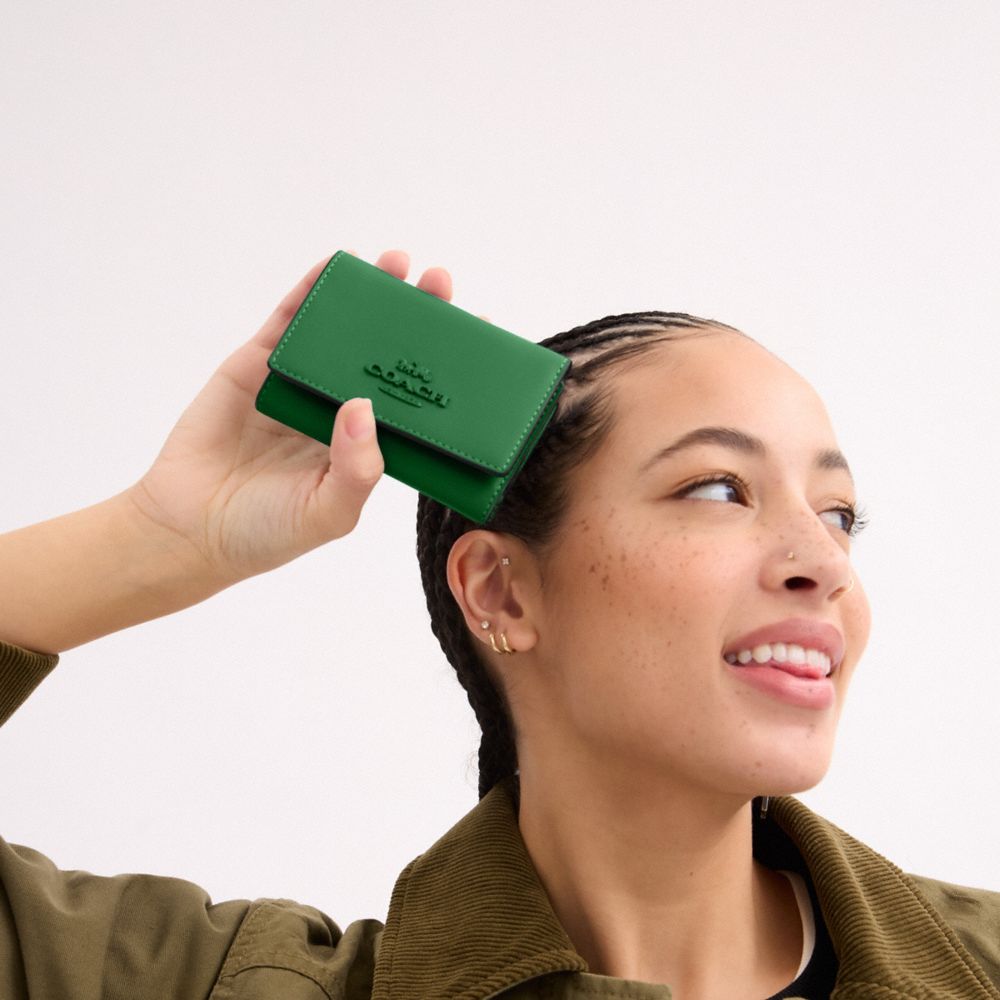 COACH®,Micro Wallet,Leather,Tri Fold,Logo,Casual,Green,Detail View