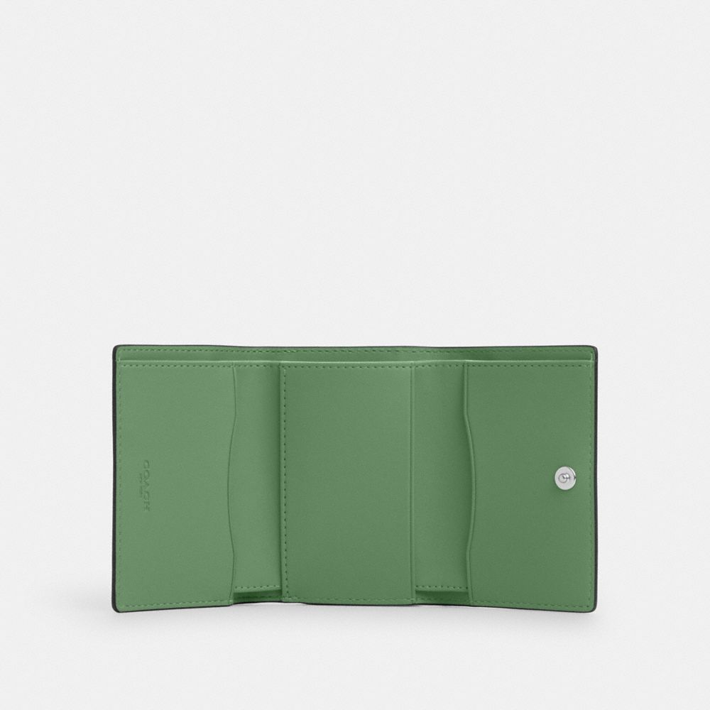 COACH®,MICRO WALLET,Novelty Leather,Mini,Silver/Soft Green,Inside View,Top View