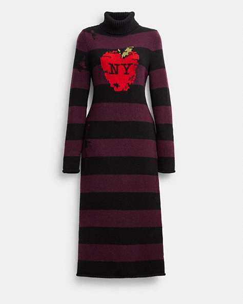 COACH®,NEW YORK APPLE DISTRESSED SWEATER DRESS,wool,Black,Front View