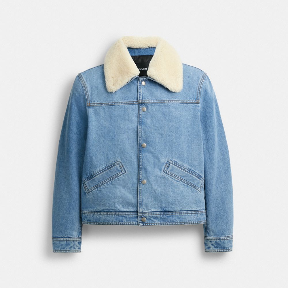 COACH®,DENIM JACKET WITH SHEARLING,cotton,Blue Denim,Front View