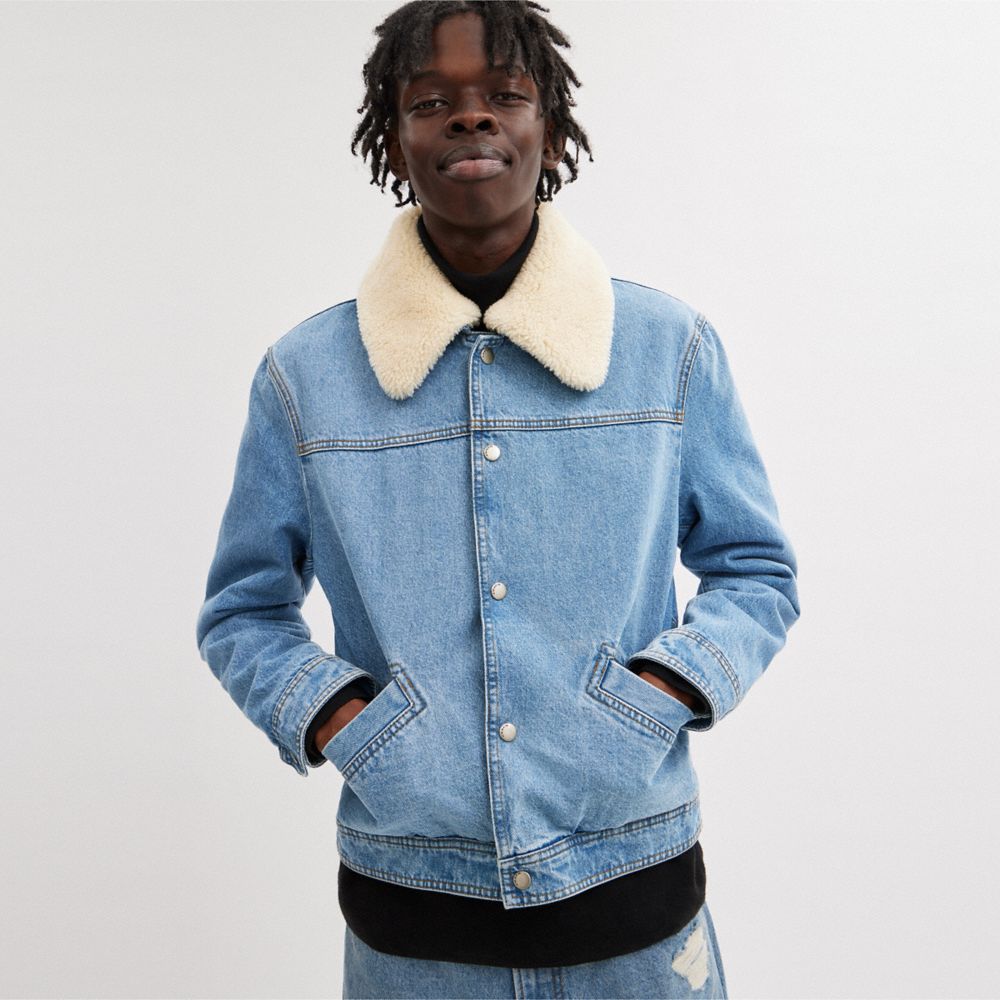 COACH®,DENIM JACKET WITH SHEARLING,cotton,Blue Denim,Scale View