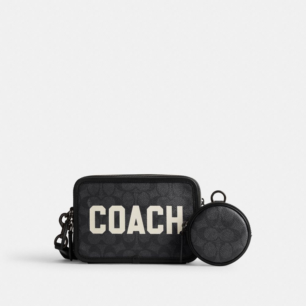COACH®,CHARTER CROSSBODY IN SIGNATURE CANVAS WITH COACH GRAPHIC,Signature Coated Canvas/Leather,Small,Charcoal Multi,Front View image number 0