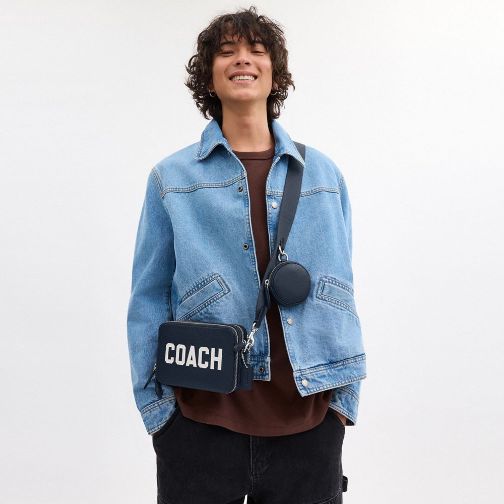 COACH®,Charter Crossbody Bag 19 With Coach Graphic,Leather,Coin,Crossbody,Casual,Navy,Detail View