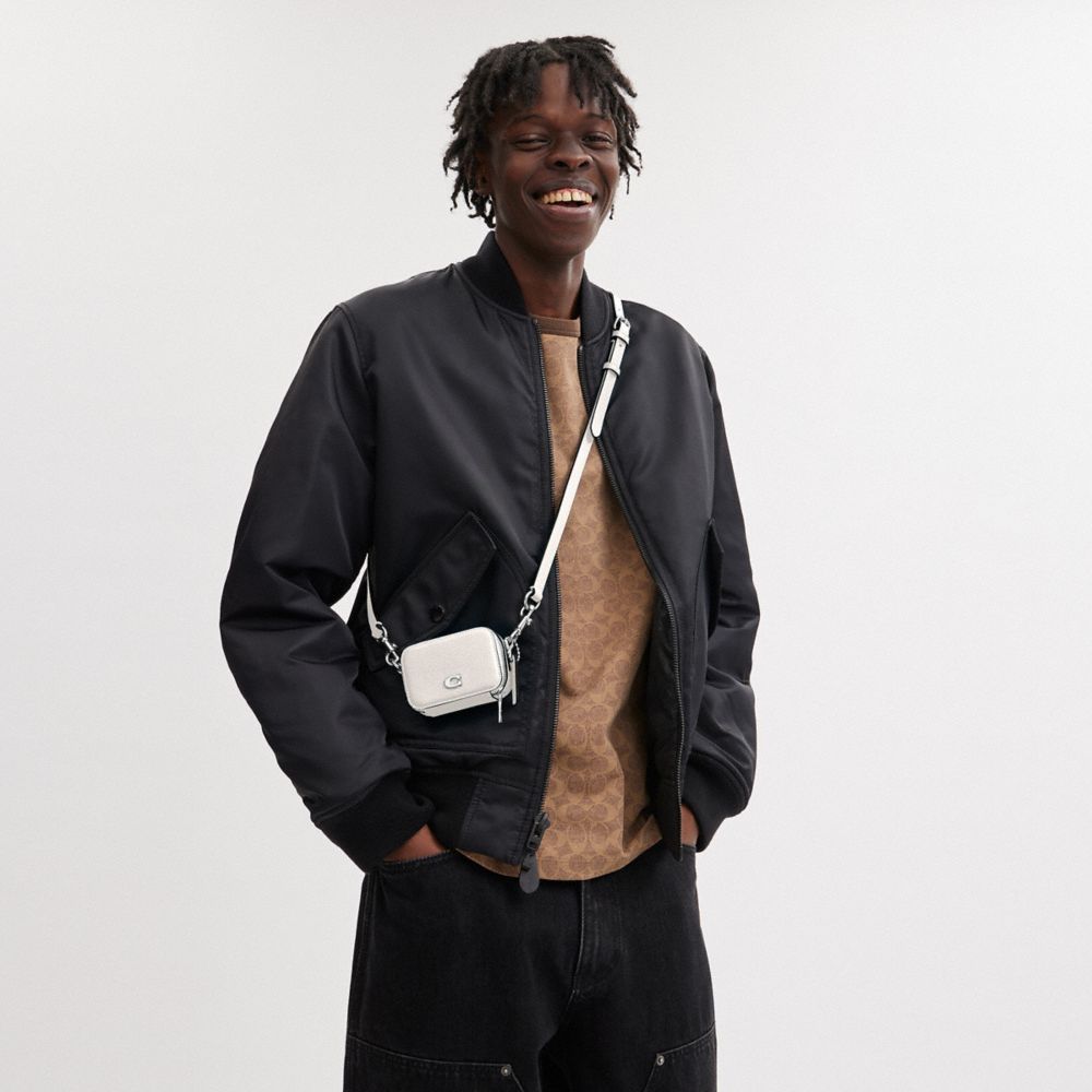 COACH®,Crossbody Pouch,Leather,Crossbody,Stripe,Logo,Scratch Resistant,Silver Metal,Casual,White,Detail View