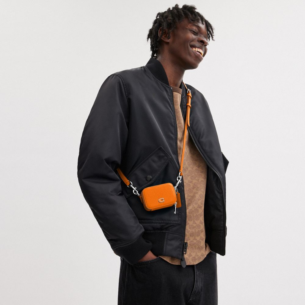 COACH®,Crossbody Pouch,Leather,Crossbody,Metal,Logo,Scratch Resistant,Silver Metal,Casual,Orange,Detail View