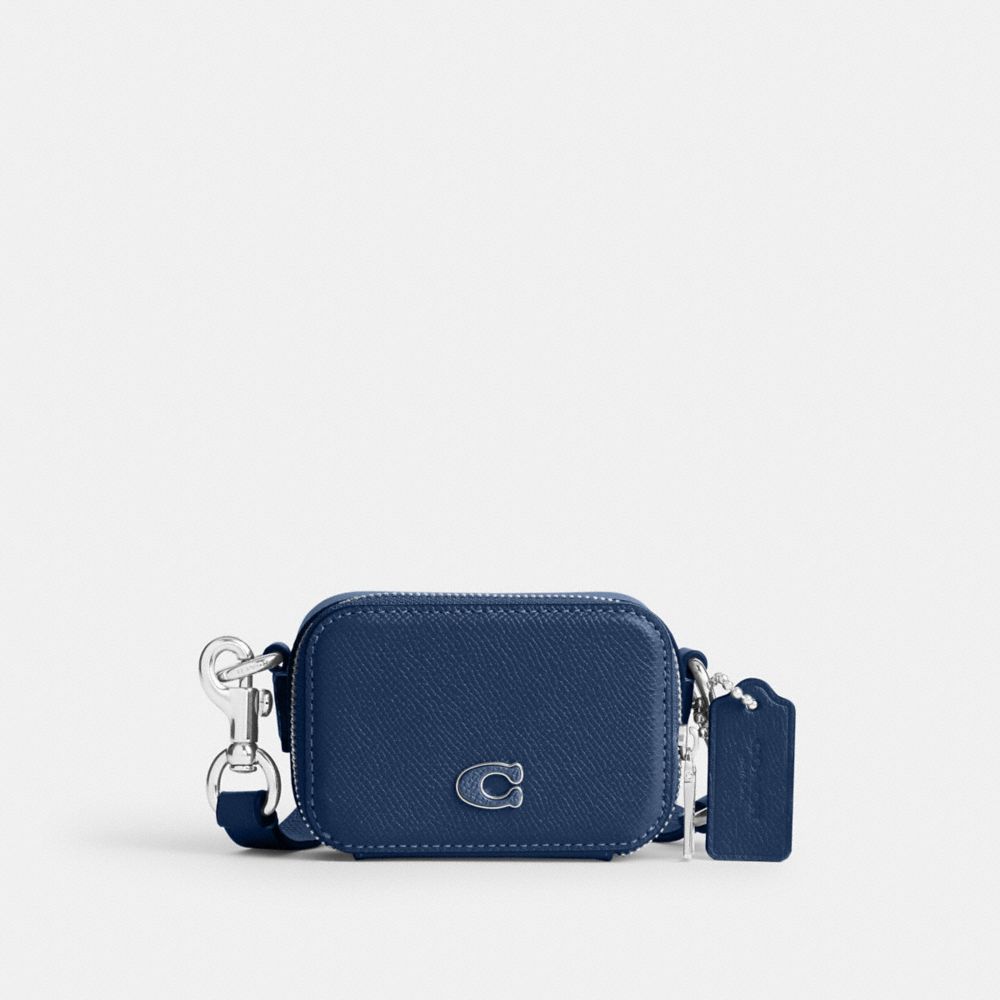 COACH®,Crossbody Pouch,Leather,Crossbody,Stripe,Logo,Scratch Resistant,Silver Metal,Casual,Navy,Front View