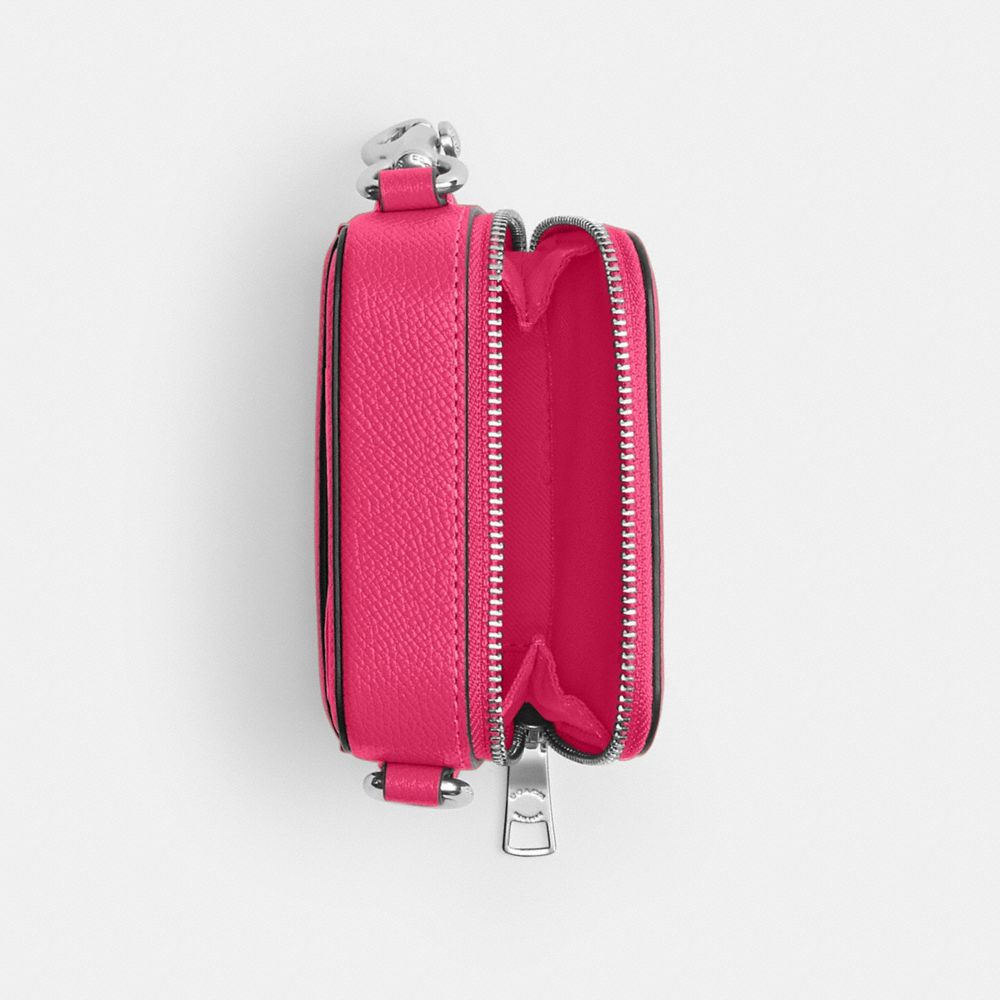 COACH®,Crossbody Pouch,Leather,Crossbody,Metal,Logo,Scratch Resistant,Silver Metal,Casual,Fuchsia,Inside View,Top View