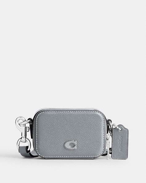 COACH®,CROSSBODY POUCH,Crossgrain Leather,Mini,Grey Blue,Front View