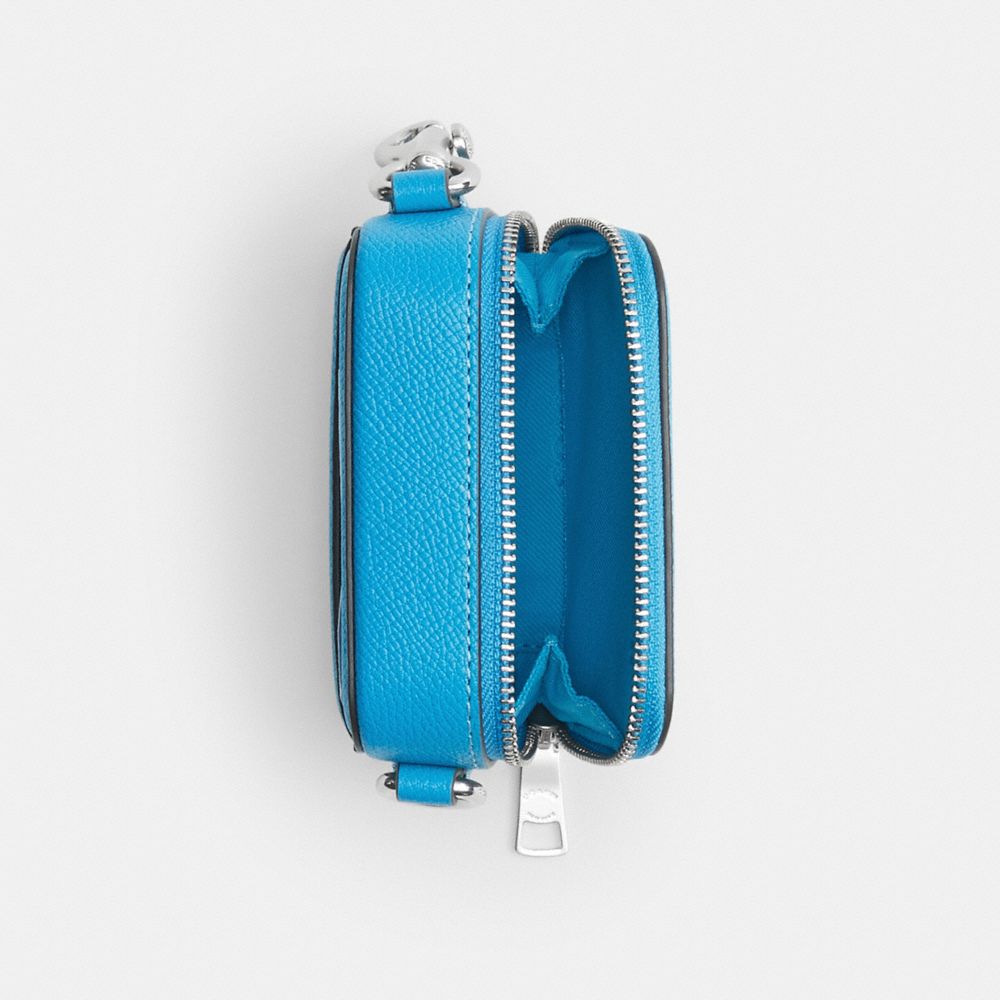 COACH®,Crossbody Pouch,Leather,Crossbody,Metal,Logo,Scratch Resistant,Silver Metal,Casual,Blue,Inside View,Top View