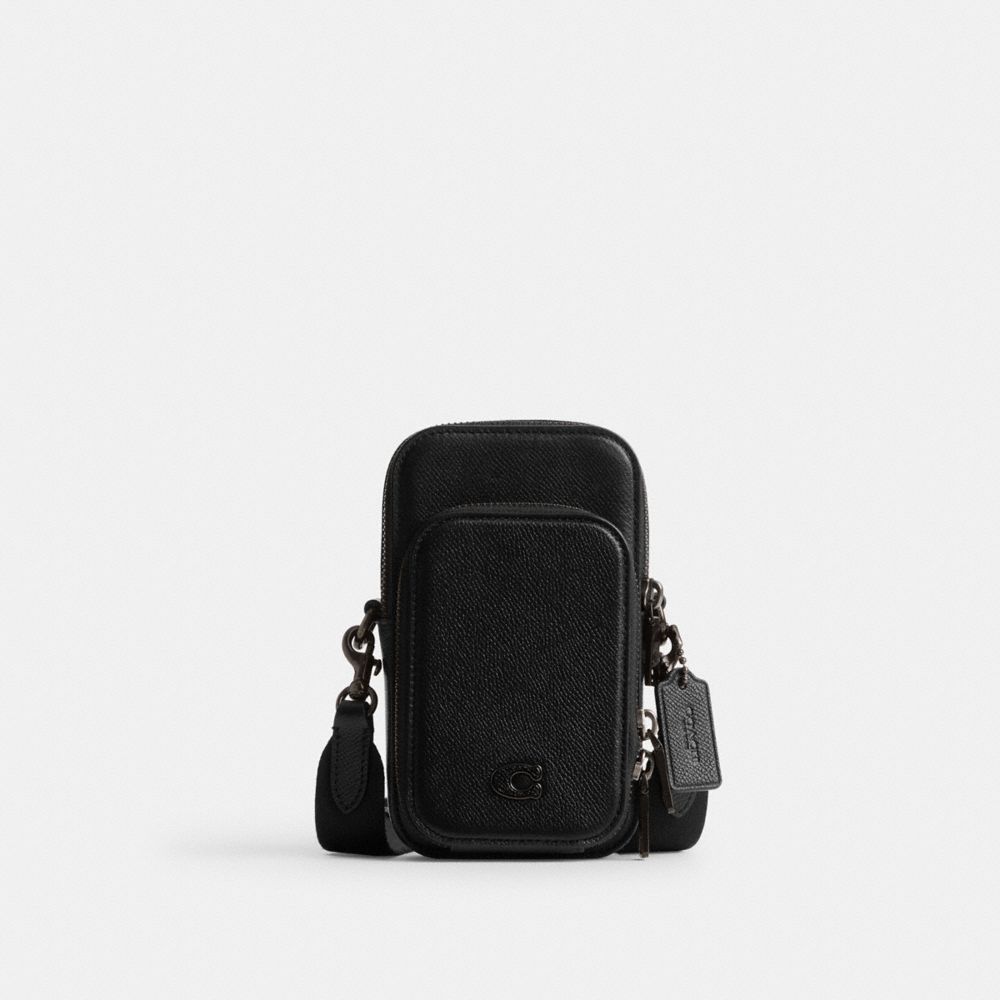 COACH®,Phone Crossbody,Leather,Mobile Bag,Logo,Piping,Metal,Engraved Detail,Scratch Resistant,Casual,Black,Front View