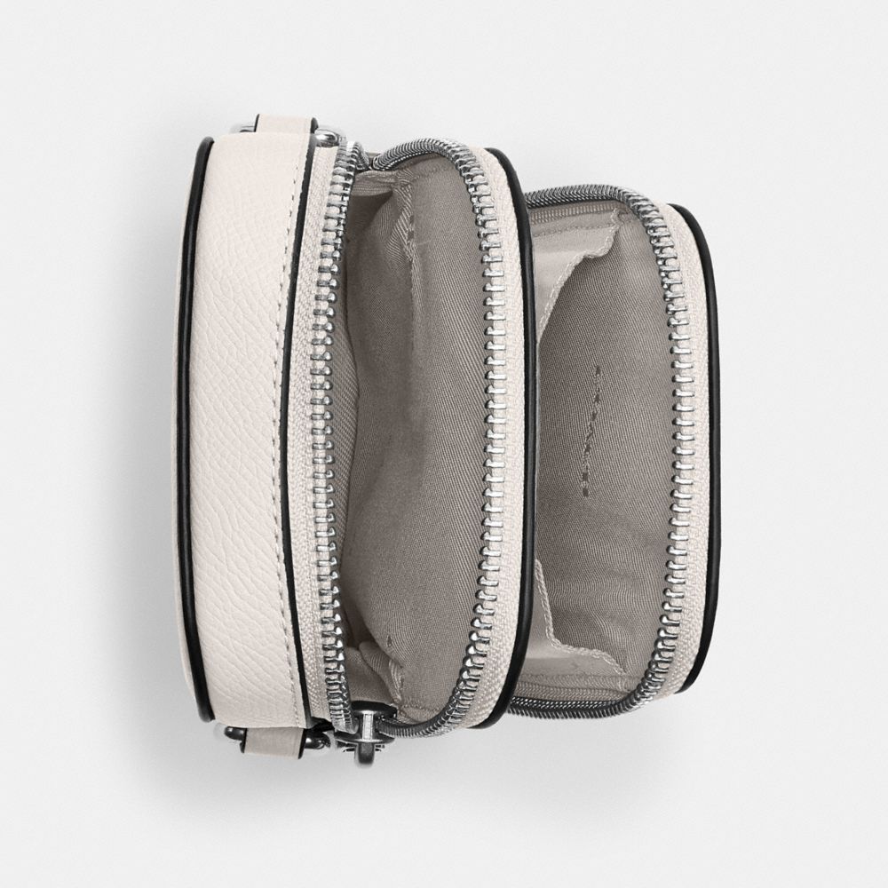 COACH®,Phone Crossbody,Leather,Mobile Bag,Logo,Piping,Metal,Engraved Detail,Scratch Resistant,Casual,White,Inside View,Top View