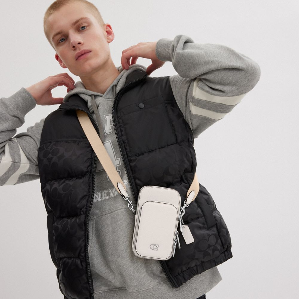 COACH®,Phone Crossbody,Leather,Mobile Bag,Logo,Piping,Metal,Engraved Detail,Scratch Resistant,Casual,White,Detail View