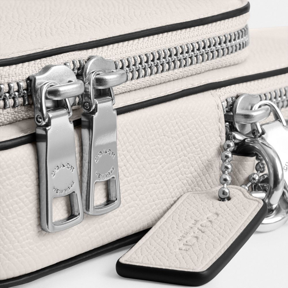 COACH®,Phone Crossbody,Leather,Mobile Bag,Logo,Piping,Metal,Engraved Detail,Scratch Resistant,Casual,White,Closer View