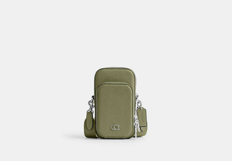 COACH®,PHONE CROSSBODY,Crossgrain Leather,Small,Moss,Front View