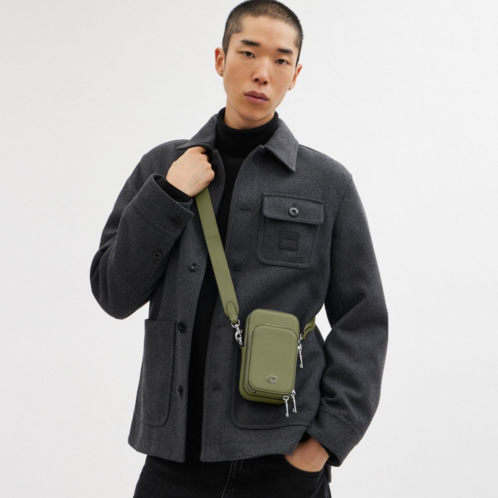 COACH®,Phone Crossbody,Leather,Mobile Bag,Piping,Logo,Engraved Detail,Metal,Scratch Resistant,Casual,Olive,Detail View