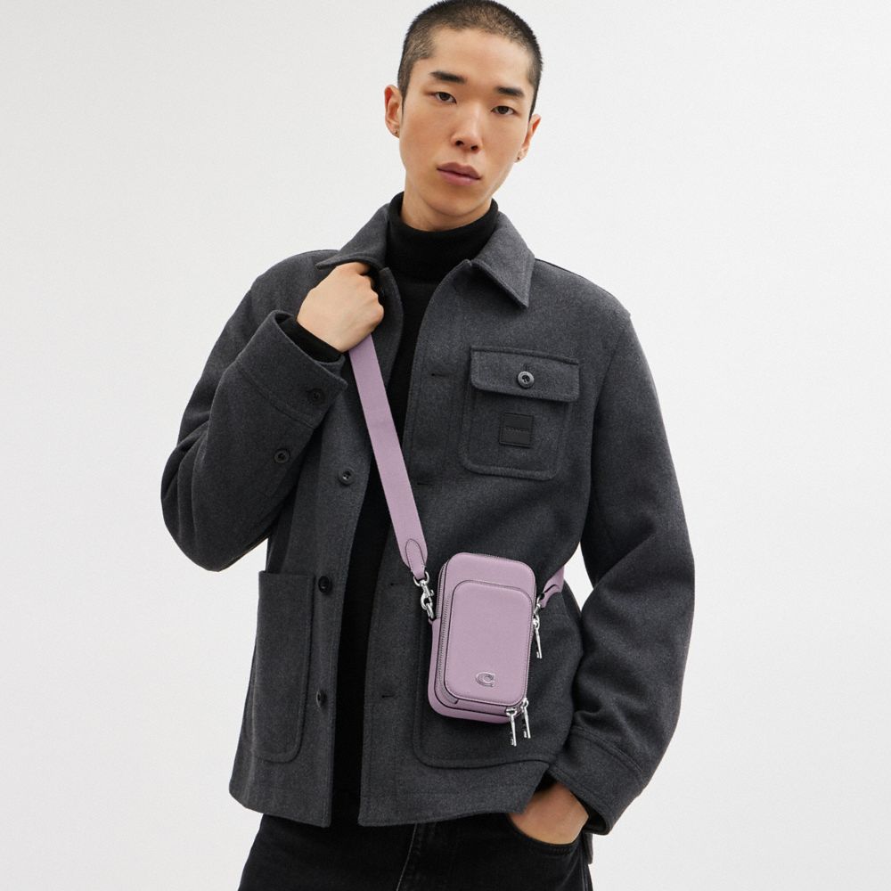 COACH®,Phone Crossbody,Leather,Mobile Bag,Piping,Logo,Engraved Detail,Metal,Scratch Resistant,Casual,Lavender,Detail View