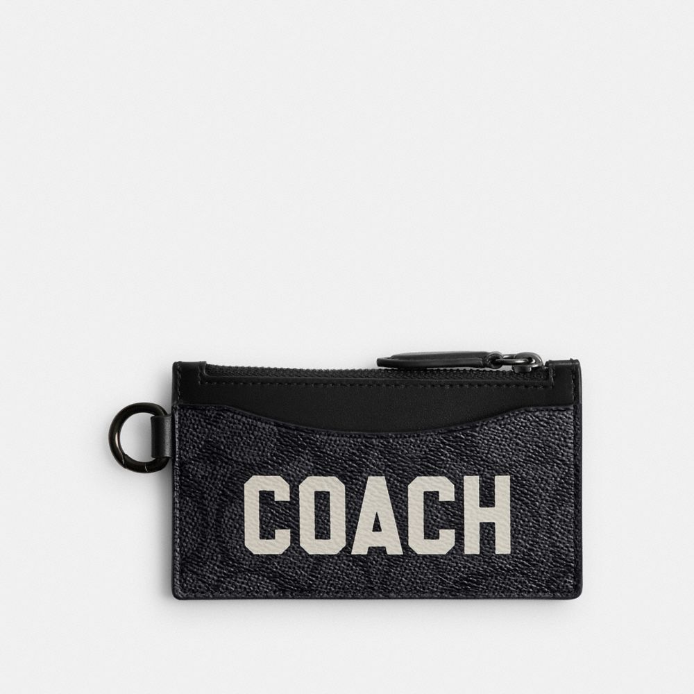 COACH®,ZIP CARD CASE IN SIGNATURE CANVAS WITH COACH GRAPHIC,Signature Coated Canvas/Leather,Charcoal Multi,Front View image number 0