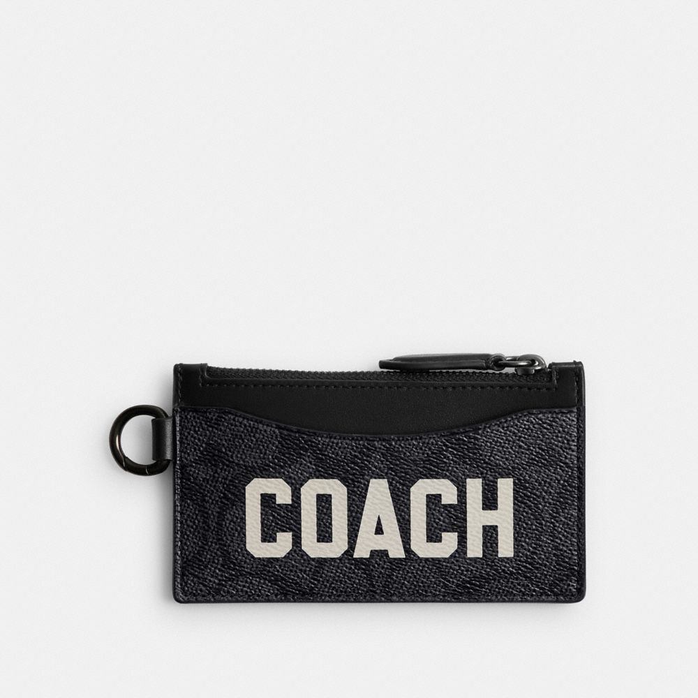 COACH®,PORTE-CARTES ZIPPÉ EN TOILE EXCLUSIF AVEC MOTIF COACH,Toile enduite Signature, cuir,Anthracite Multi,Front View