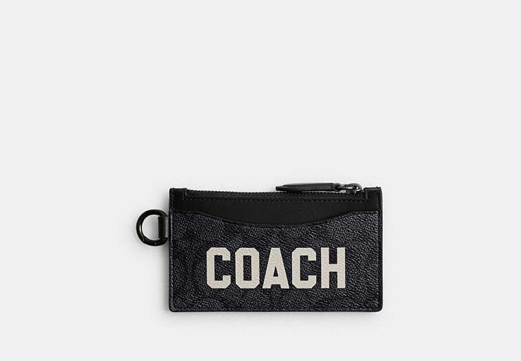 COACH®,ZIP CARD CASE IN SIGNATURE CANVAS WITH COACH GRAPHIC,Signature Coated Canvas/Leather,Charcoal Multi,Front View