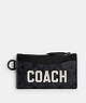 COACH®,ZIP CARD CASE IN SIGNATURE CANVAS WITH COACH GRAPHIC,Signature Coated Canvas/Leather,Charcoal Multi,Front View
