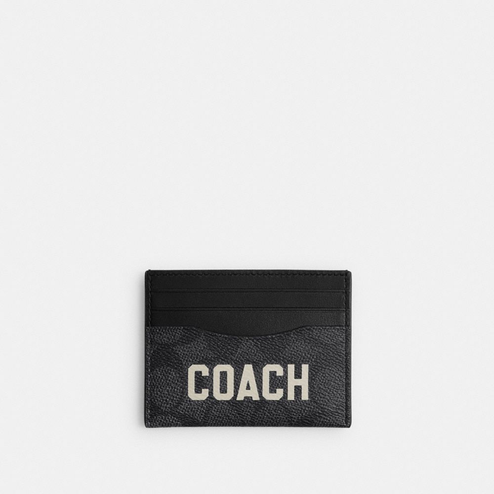 COACH®,CARD CASE IN SIGNATURE CANVAS WITH COACH GRAPHIC,Signature Coated Canvas/Leather,Charcoal Multi,Front View image number 0