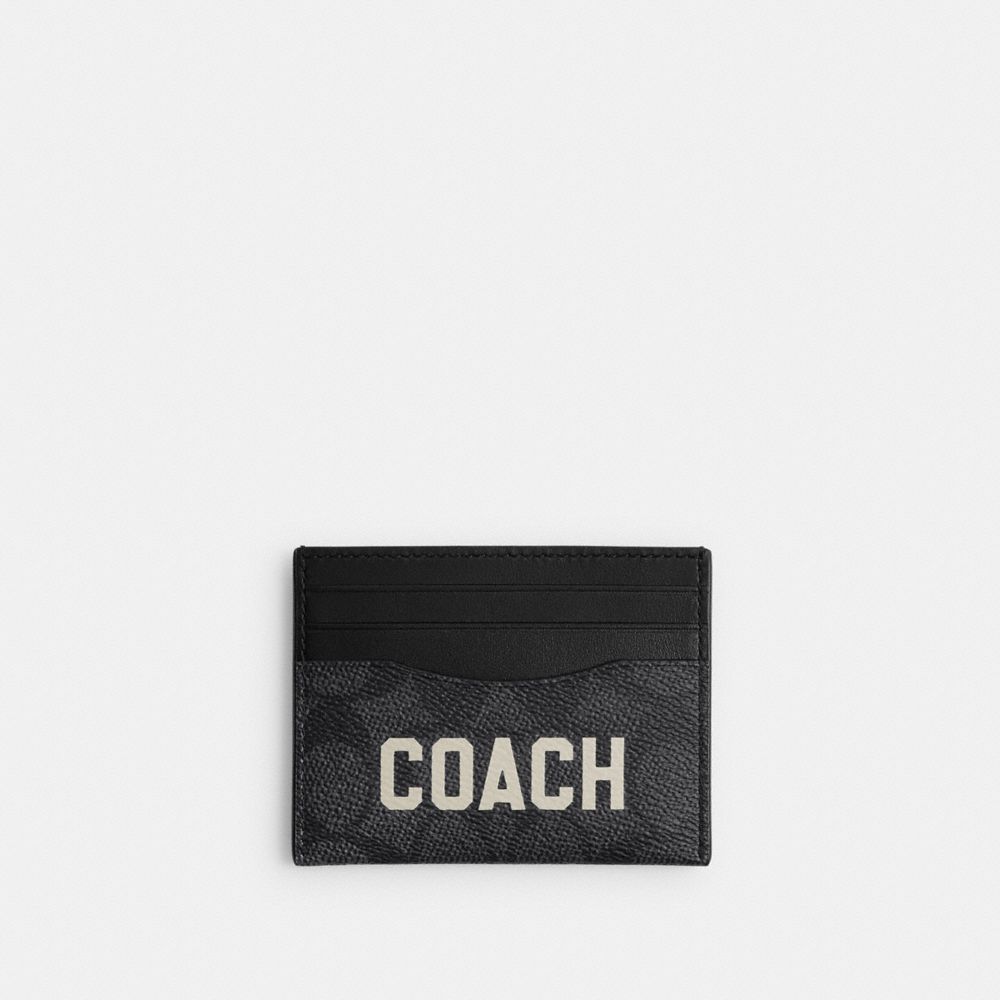 COACH®,CARD CASE IN SIGNATURE CANVAS WITH COACH GRAPHIC,Signature Coated Canvas/Leather,Charcoal Multi,Front View