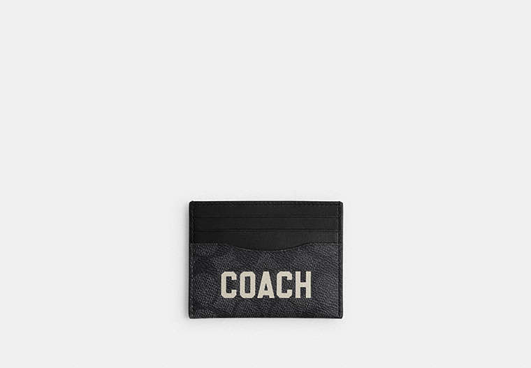 COACH®,CARD CASE IN SIGNATURE CANVAS WITH COACH GRAPHIC,Signature Coated Canvas/Leather,Charcoal Multi,Front View