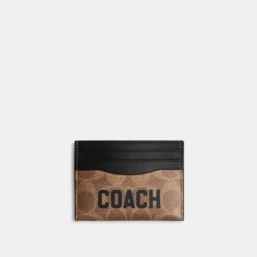 COACH®,Card Case In Signature Canvas With Coach Graphic,Calfskin Leather,Canvas,Card Case,Color Block,Casual,,Front View