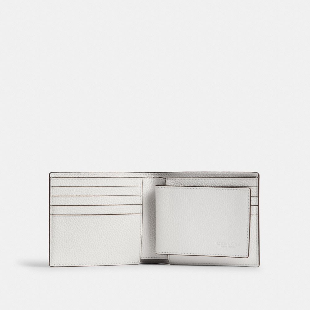 COACH®,3 In 1 Wallet With Coach Graphic,Leather Match,Bi Fold,Casual,White,Inside View,Top View
