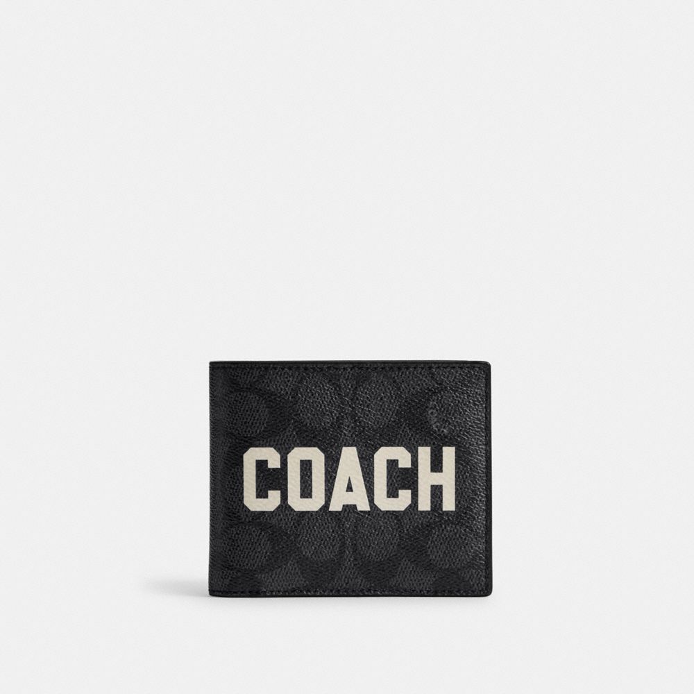 COACH®,3-IN-1 WALLET IN SIGNATURE CANVAS WITH COACH GRAPHIC,Signature Coated Canvas/Leather,Mini,Charcoal Multi,Front View