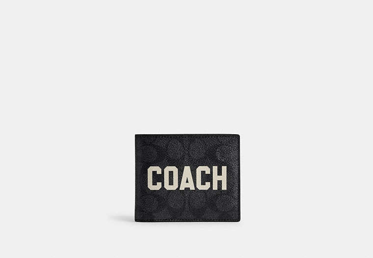 COACH®,3-IN-1 WALLET IN SIGNATURE CANVAS WITH COACH GRAPHIC,Signature Coated Canvas/Leather,Mini,Charcoal Multi,Front View image number 0