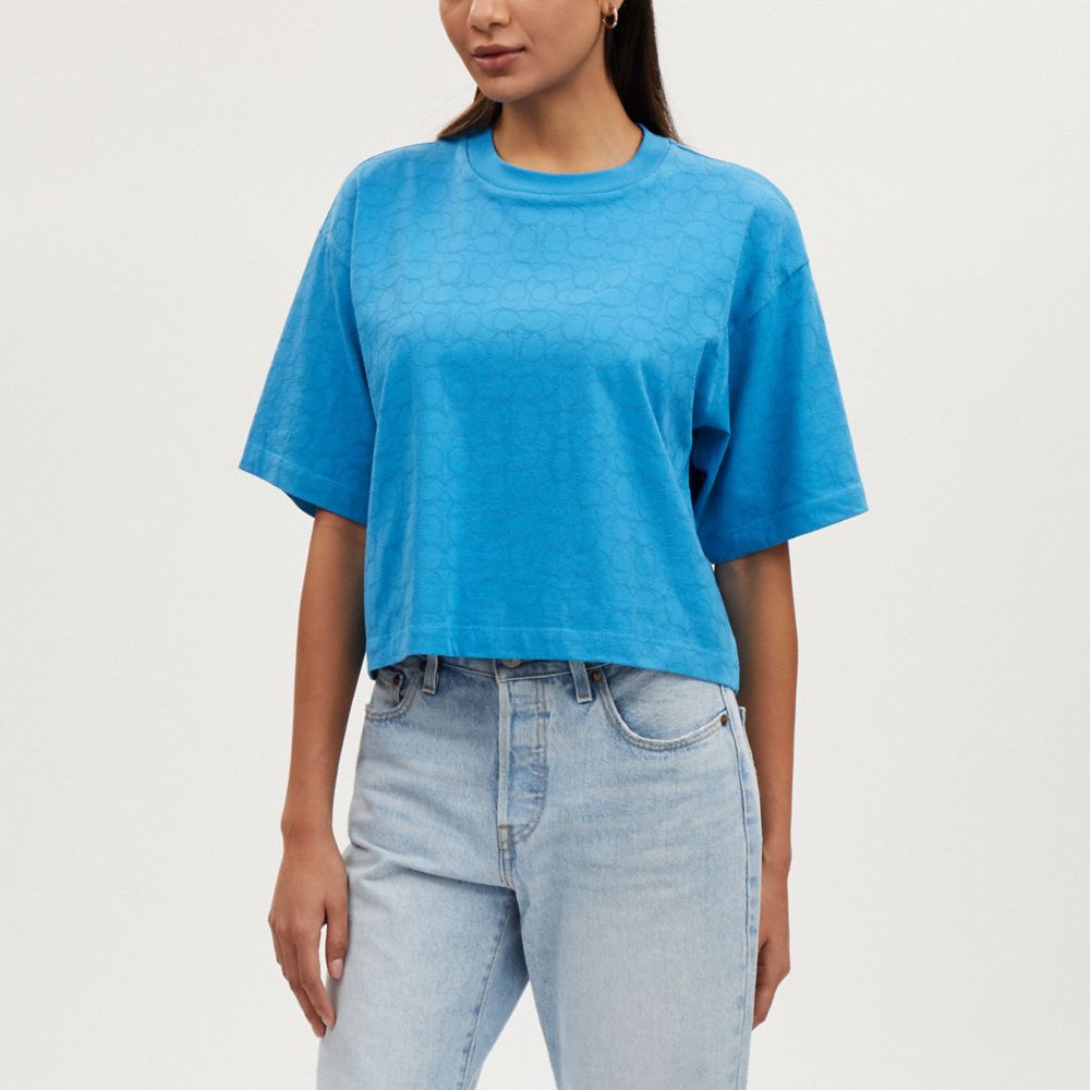 COACH®,SIGNATURE CROPPED T-SHIRT,Bright Blue,Scale View
