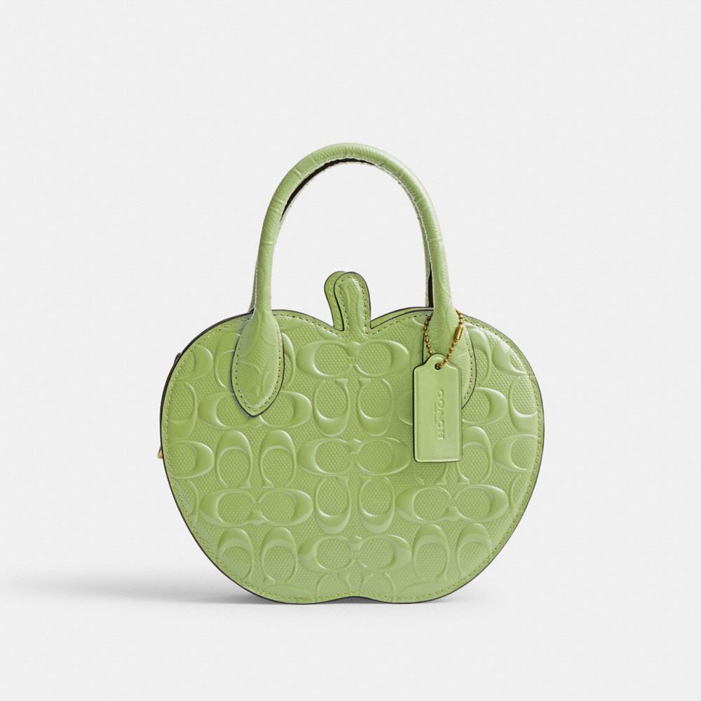 COACH®,APPLE BAG IN SIGNATURE LEATHER,Patent Leather,Small,Brass/Green,Front View