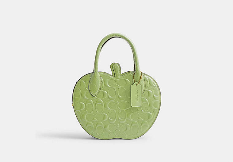 COACH®,APPLE BAG IN SIGNATURE LEATHER,Patent Leather,Brass/Green,Front View