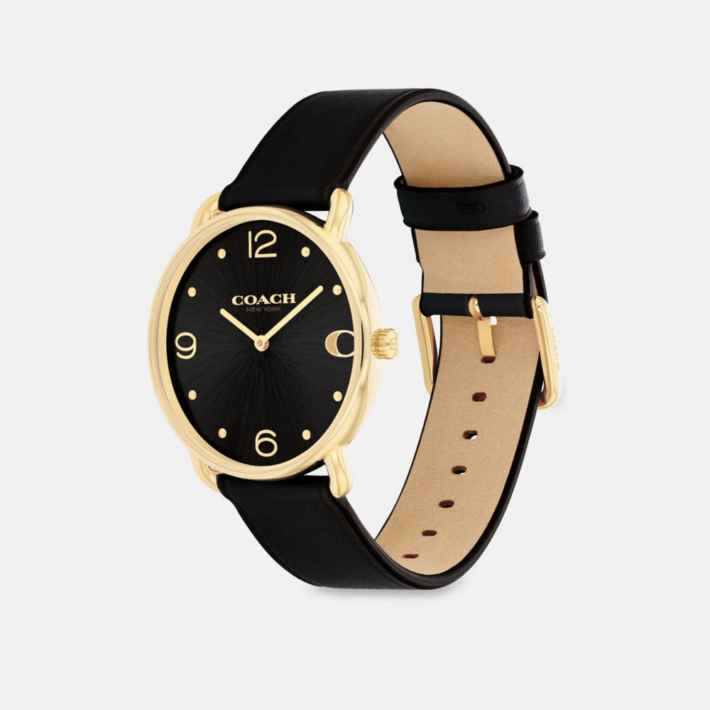 COACH®,Elliot Watch, 36 Mm,Analog,Crystal,Leather,Logo,Word Embellishment,Water Resistant,Gold Metal,Casual,Black,Angle View