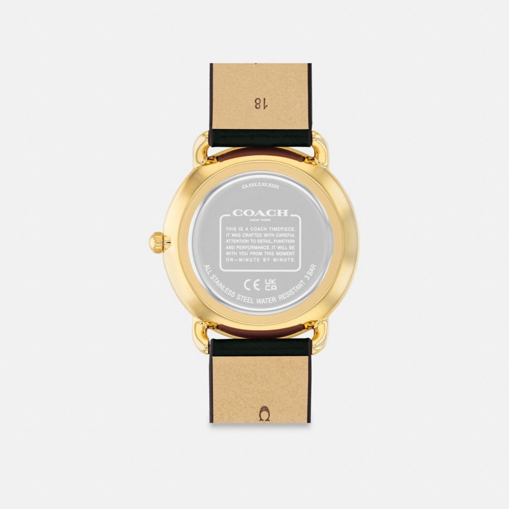 COACH®,Elliot Watch, 36 Mm,Analog,Crystal,Leather,Logo,Word Embellishment,Water Resistant,Gold Metal,Casual,Black,Back View