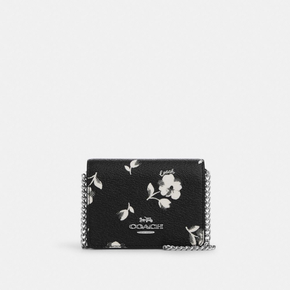 COACH®,MINI-PORTEFEUILLE SUR CHAÎNE AVEC IMPRIMÉ FLORAL,pvc,Argenté/Noir Multi,Front View