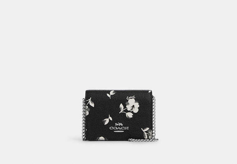 COACH®,MINI WALLET ON A CHAIN WITH FLORAL PRINT,pvc,Mini,Silver/Black Multi,Front View