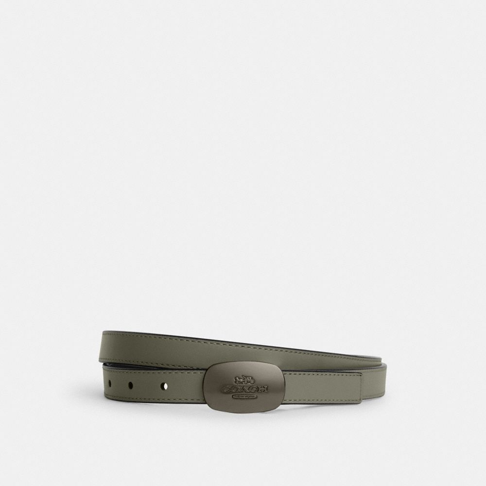 COACH®,Signature Buckle Cut To Size Reversible Eliza Belt, 18 Mm,Leather,Standard,Logo,Reversible,Silver Metal,Casual,Olive,Front View