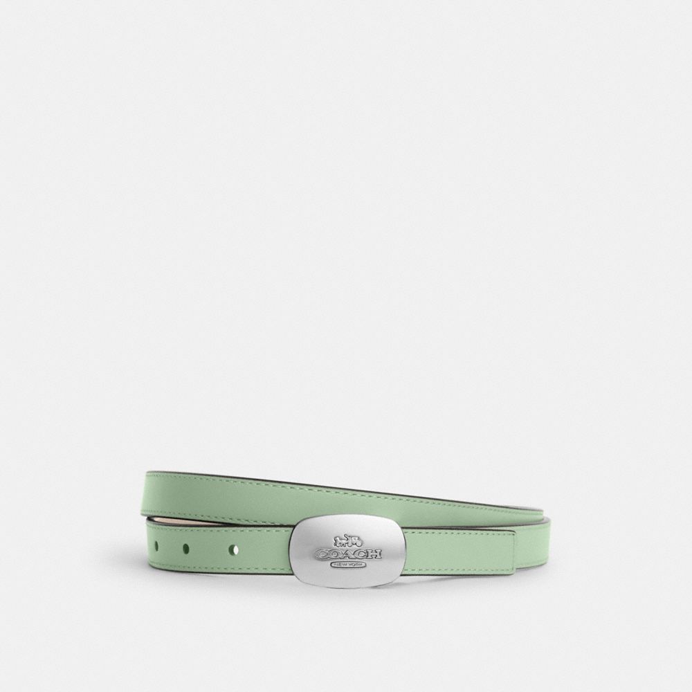 COACH®,SIGNATURE BUCKLE CUT-TO-SIZE REVERSIBLE ELIZA BELT, 18MM,Sv/Pale Green/Ivory,Front View