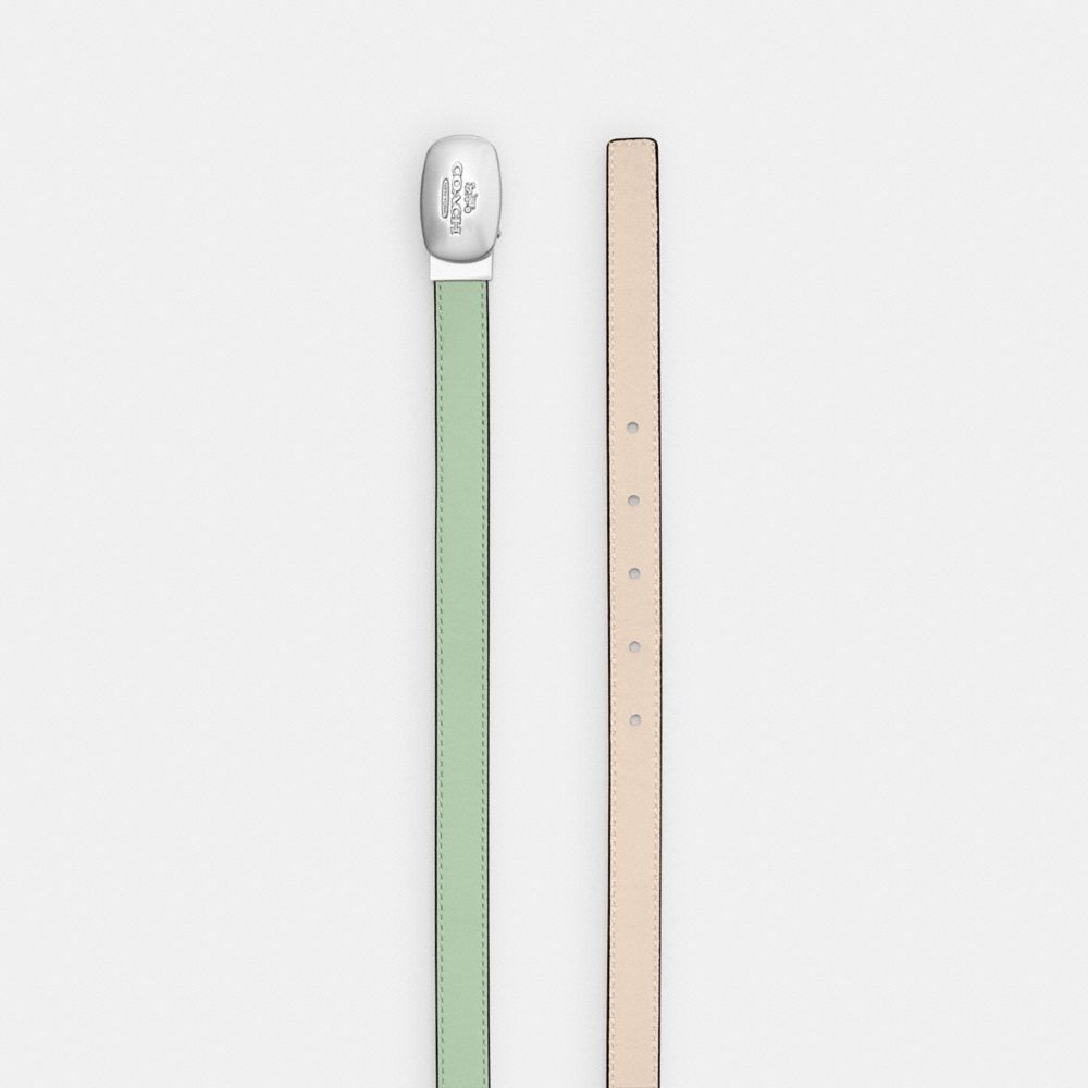 COACH®,SIGNATURE BUCKLE CUT-TO-SIZE REVERSIBLE ELIZA BELT, 18MM,Sv/Pale Green/Ivory,Angle View