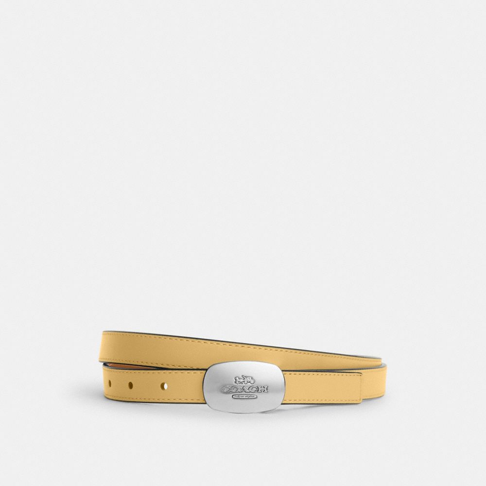 COACH®,Signature Buckle Cut To Size Reversible Eliza Belt, 18 Mm,Leather,Standard,Logo,Reversible,Silver Metal,Casual,Yellow,Front View