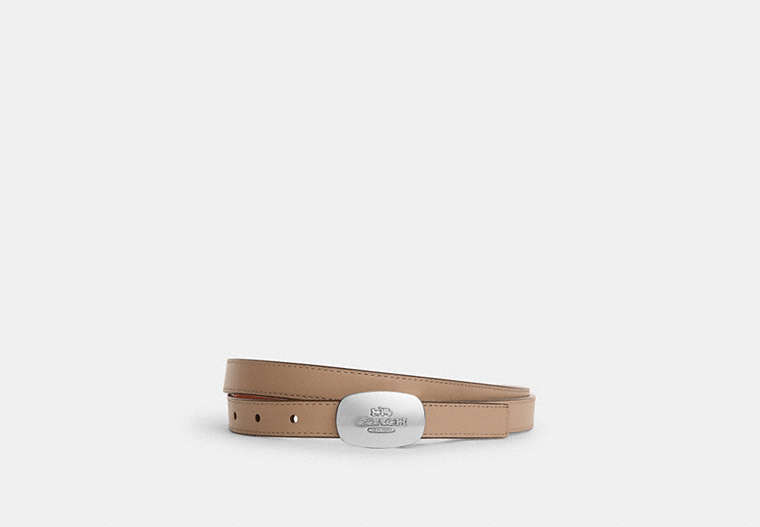COACH®,SIGNATURE BUCKLE CUT-TO-SIZE REVERSIBLE ELIZA BELT, 18MM,Leather,Silver/Taupe/Redwood,Front View