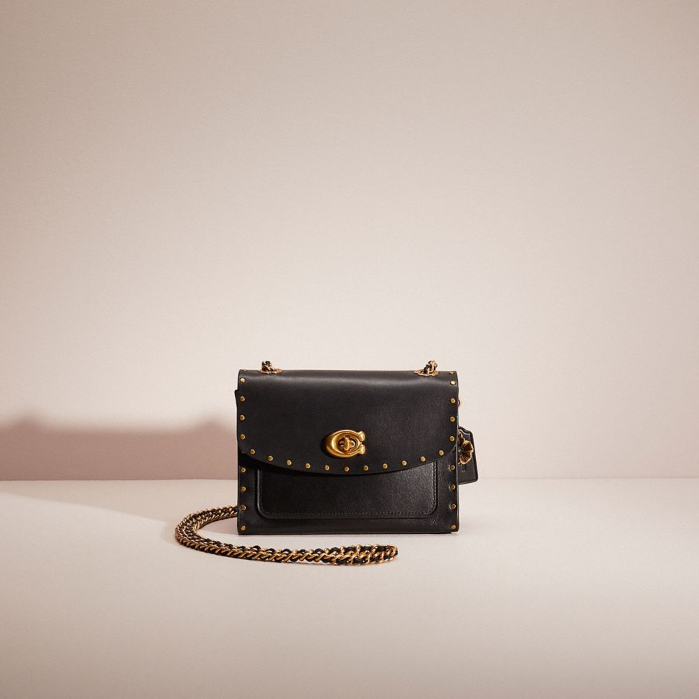 COACH®,RESTORED PARKER 18 WITH RIVETS,Refined Calf Leather,Small,Brass/Black,Front View