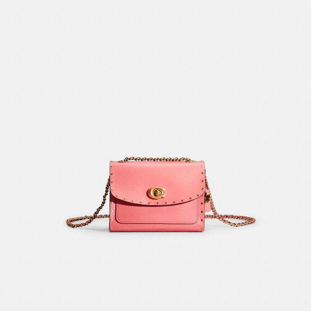 COACH®,Restored Parker 18 With Rivets,Calfskin Leather,Crossbody,Studded,Chain Detail,Floral Embellishment,Logo,Metal,Day ...,Pink,Front View